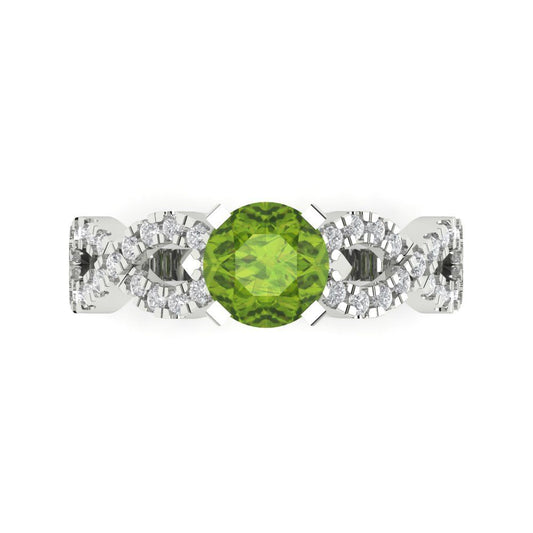 1.42 cttw Natural Peridot Solitaire with Zirconia Simulated Diamond Accents Engagement Ring - Solid White Gold (VVS1, Round Cut,6.5mm)