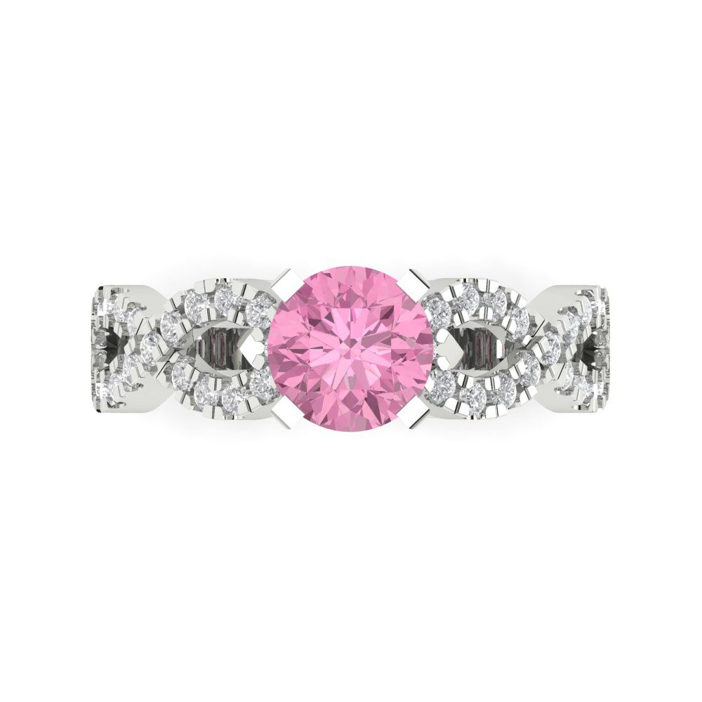 1.42 cttw Zirconia Simulated Pink Diamond Solitaire with Zirconia Simulated Diamond Accents Engagement Ring - Solid White Gold (VVS1, Round Cut,6.5mm)