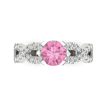 1.42 cttw Zirconia Simulated Pink Diamond Solitaire with Zirconia Simulated Diamond Accents Engagement Ring - Solid White Gold (VVS1, Round Cut,6.5mm)