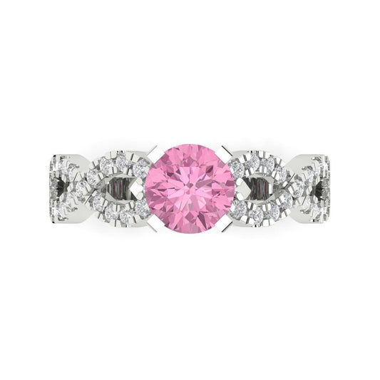 1.42 cttw Zirconia Simulated Pink Diamond Solitaire with Zirconia Simulated Diamond Accents Engagement Ring - Solid White Gold (VVS1, Round Cut,6.5mm)