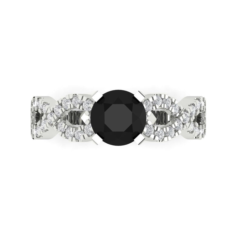 1.42 cttw Natural Onyx Solitaire with Zirconia Simulated Diamond Accents Engagement Ring - Solid White Gold (VVS1, Round Cut,6.5mm)