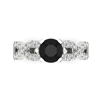 1.42 cttw Natural Onyx Solitaire with Zirconia Simulated Diamond Accents Engagement Ring - Solid White Gold (VVS1, Round Cut,6.5mm)