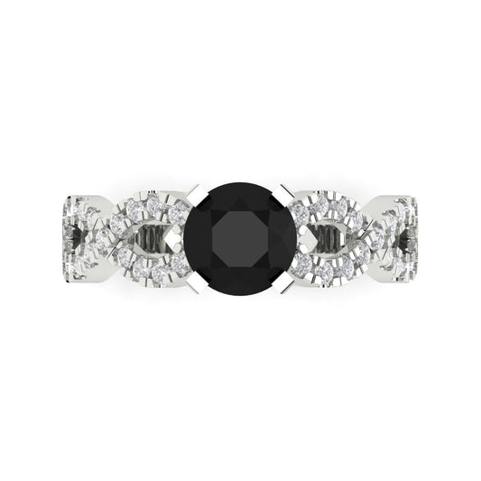 1.42 cttw Natural Onyx Solitaire with Zirconia Simulated Diamond Accents Engagement Ring - Solid White Gold (VVS1, Round Cut,6.5mm)