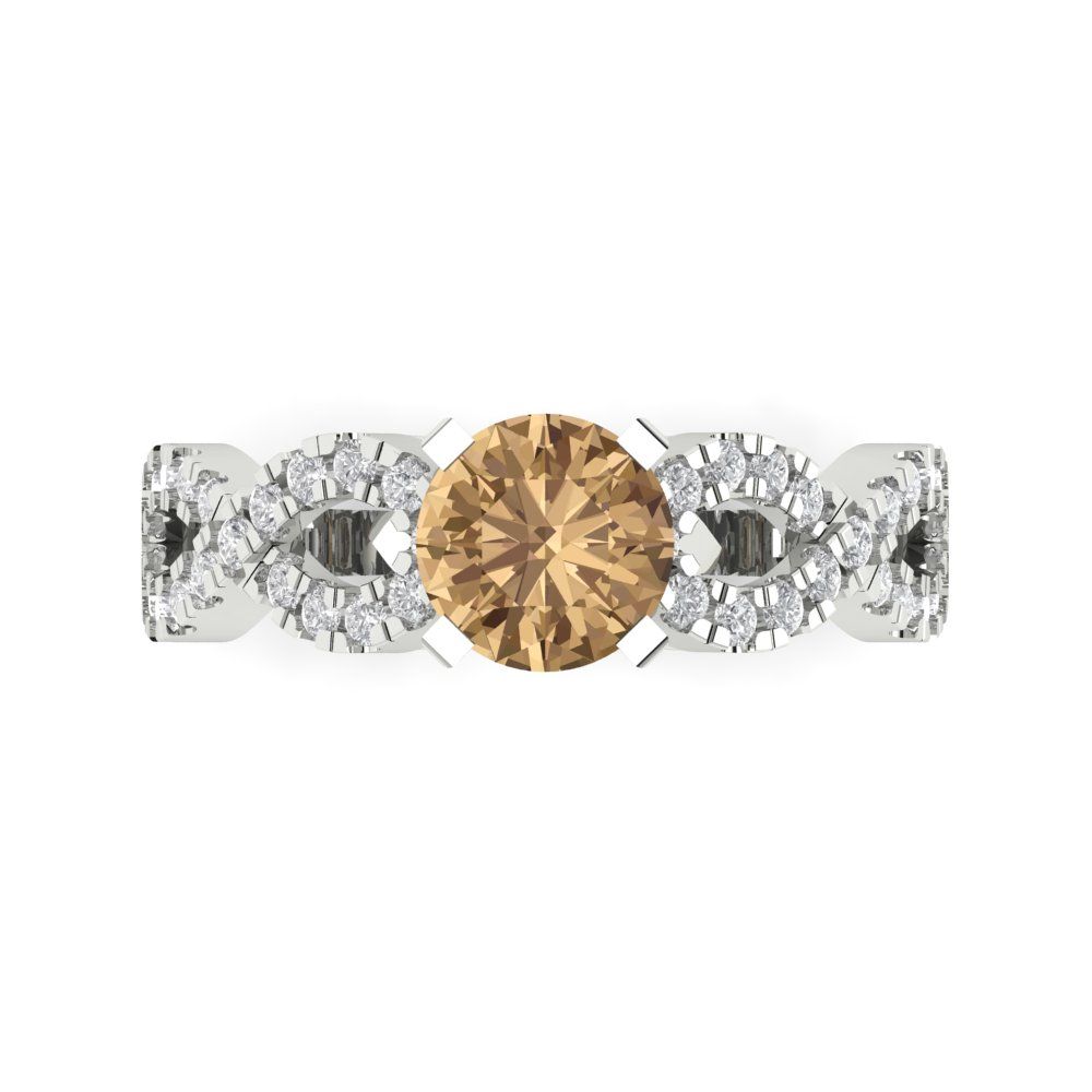 1.42 cttw Zirconia Simulated Champagne Diamond Solitaire with Zirconia Simulated Diamond Accents Engagement Ring - Solid White Gold (VVS1, Round Cut,6.5mm)