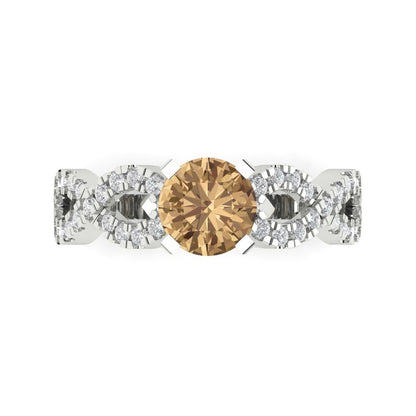 1.42 cttw Zirconia Simulated Champagne Diamond Solitaire with Zirconia Simulated Diamond Accents Engagement Ring - Solid White Gold (VVS1, Round Cut,6.5mm)