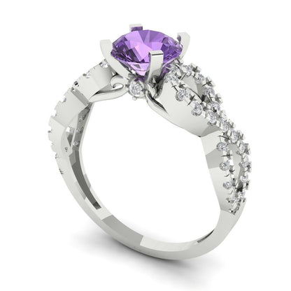 1.42 cttw Simulated Alexandrite Solitaire with Zirconia Simulated Diamond Accents Engagement Ring - Solid White Gold (VVS1, Round Cut,6.5mm)