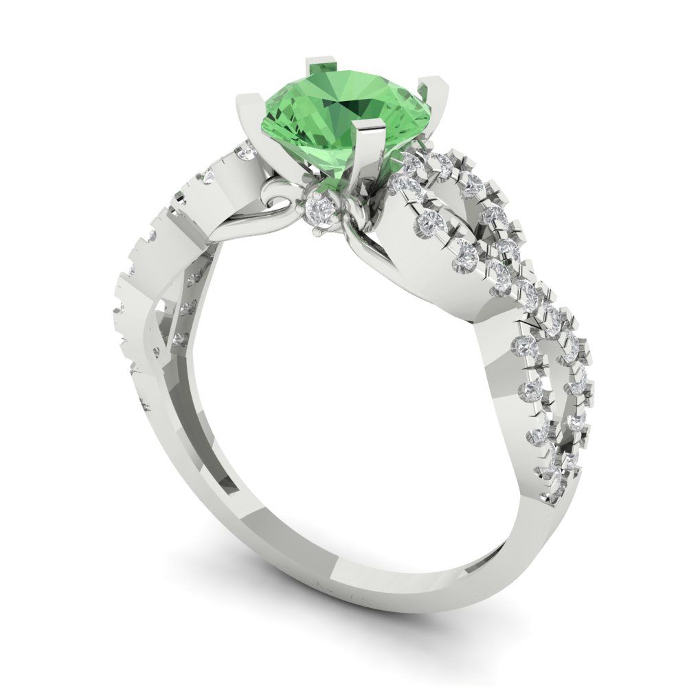 1.42 cttw Zirconia Simulated Green Diamond Solitaire with Zirconia Simulated Diamond Accents Engagement Ring - Solid White Gold (VVS1, Round Cut,6.5mm)