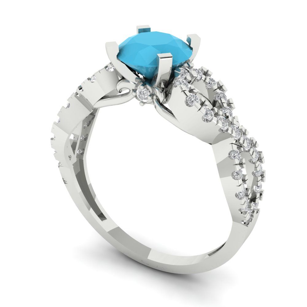 1.42 cttw Simulated Turquoise Solitaire with Zirconia Simulated Diamond Accents Engagement Ring - Solid White Gold (VVS1, Round Cut,6.5mm)