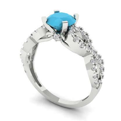 1.42 cttw Simulated Turquoise Solitaire with Zirconia Simulated Diamond Accents Engagement Ring - Solid White Gold (VVS1, Round Cut,6.5mm)