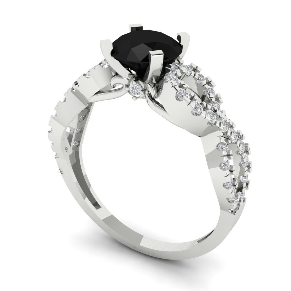 1.42 cttw Natural Onyx Solitaire with Zirconia Simulated Diamond Accents Engagement Ring - Solid White Gold (VVS1, Round Cut,6.5mm)