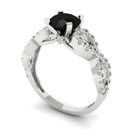 1.42 cttw Natural Onyx Solitaire with Zirconia Simulated Diamond Accents Engagement Ring - Solid White Gold (VVS1, Round Cut,6.5mm)