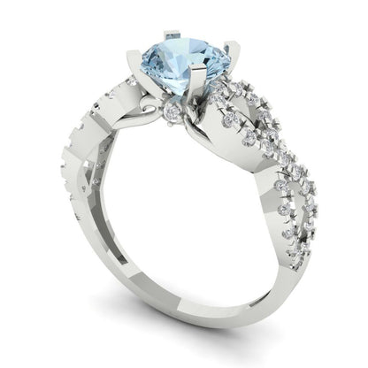 1.42 cttw Natural Swiss Blue Topaz Solitaire with Zirconia Simulated Diamond Accents Engagement Ring - Solid White Gold (VVS1, Round Cut,6.5mm)