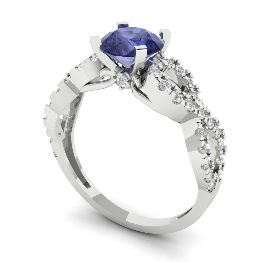 1.42 cttw Simulated Tanzanite Solitaire with Zirconia Simulated Diamond Accents Engagement Ring - Solid White Gold (VVS1, Round Cut,6.5mm)