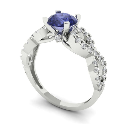 1.42 cttw Simulated Tanzanite Solitaire with Zirconia Simulated Diamond Accents Engagement Ring - Solid White Gold (VVS1, Round Cut,6.5mm)