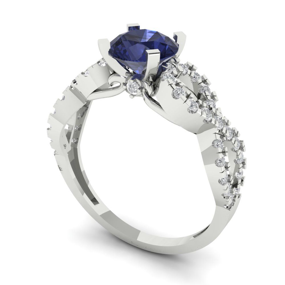 1.42 cttw Simulated Blue Sapphire Solitaire with Zirconia Simulated Diamond Accents Engagement Ring - Solid White Gold (VVS1, Round Cut,6.5mm)