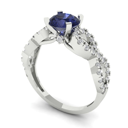 1.42 cttw Simulated Blue Sapphire Solitaire with Zirconia Simulated Diamond Accents Engagement Ring - Solid White Gold (VVS1, Round Cut,6.5mm)