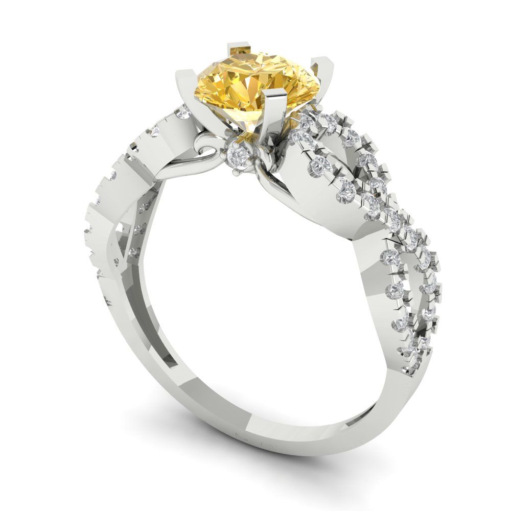 1.42 cttw Yellow Moissanite Solitaire with Zirconia Simulated Diamond Accents Engagement Ring - Solid White Gold (VVS1, Round Cut,6.5mm)