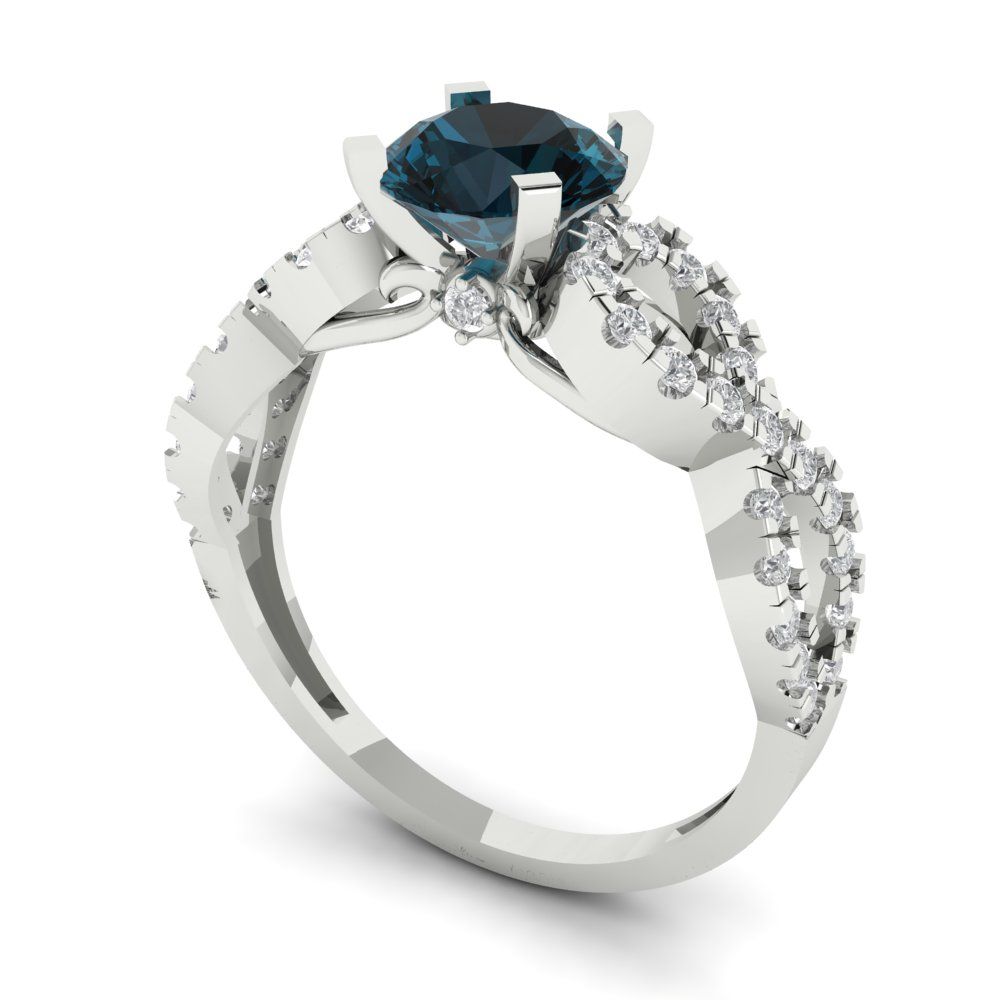 1.42 cttw Natural London Blue Topaz Solitaire with Zirconia Simulated Diamond Accents Engagement Ring - Solid White Gold (VVS1, Round Cut,6.5mm)