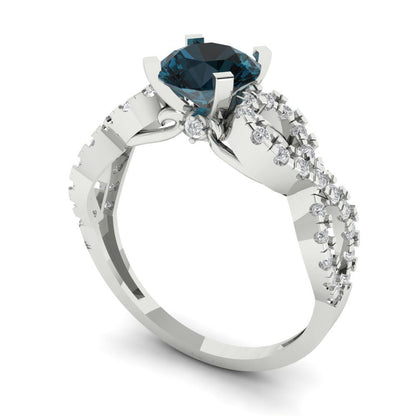 1.42 cttw Natural London Blue Topaz Solitaire with Zirconia Simulated Diamond Accents Engagement Ring - Solid White Gold (VVS1, Round Cut,6.5mm)