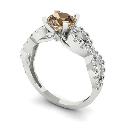 1.42 cttw Zirconia Simulated Champagne Diamond Solitaire with Zirconia Simulated Diamond Accents Engagement Ring - Solid White Gold (VVS1, Round Cut,6.5mm)
