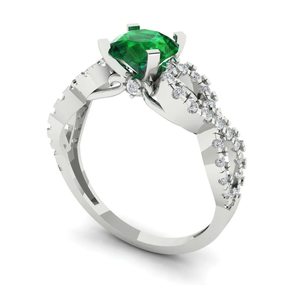 1.42 cttw Simulated Emerald Solitaire with Zirconia Simulated Diamond Accents Engagement Ring - Solid White Gold (VVS1, Round Cut,6.5mm)