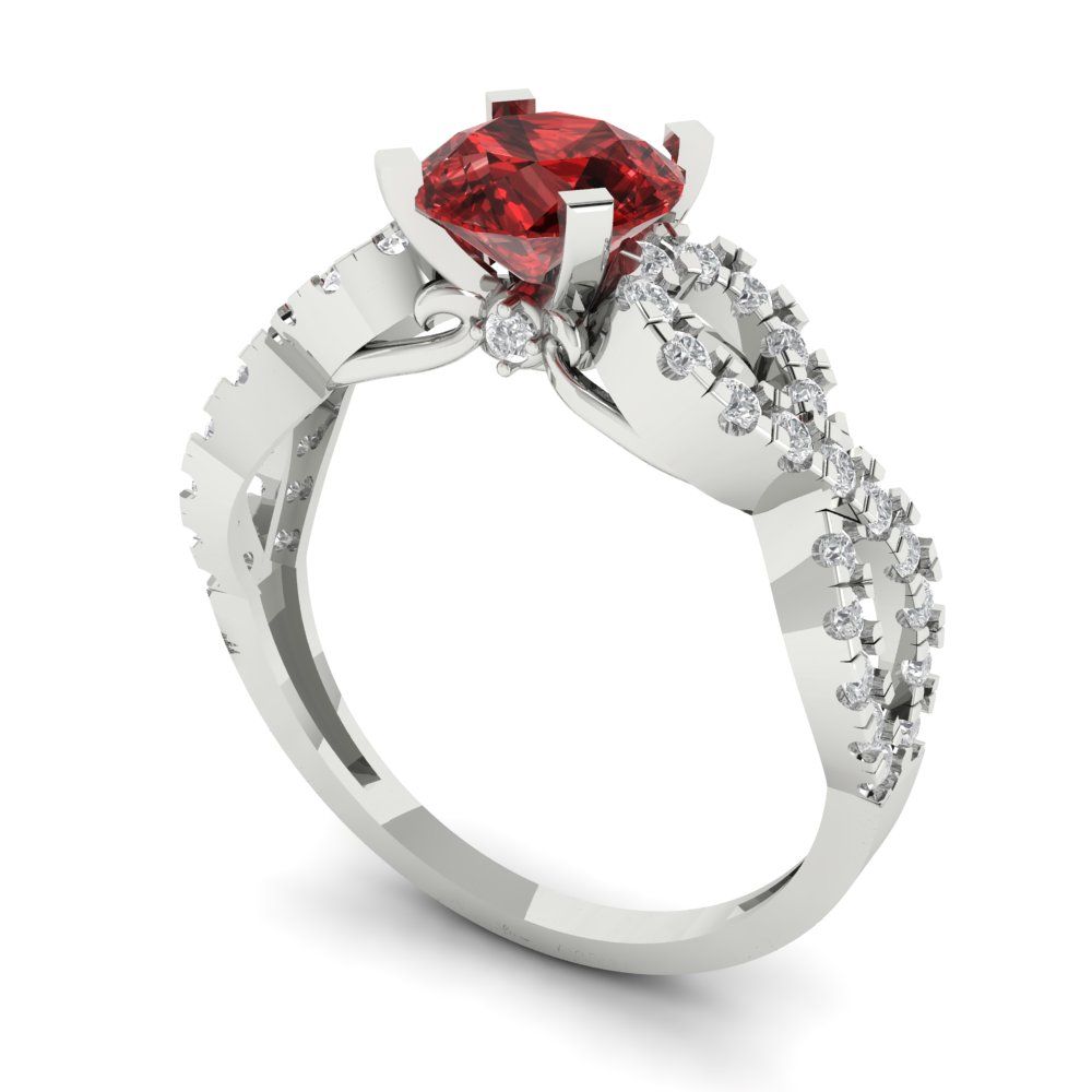 1.42 cttw Natural Garnet Solitaire with Zirconia Simulated Diamond Accents Engagement Ring - Solid White Gold (VVS1, Round Cut,6.5mm)