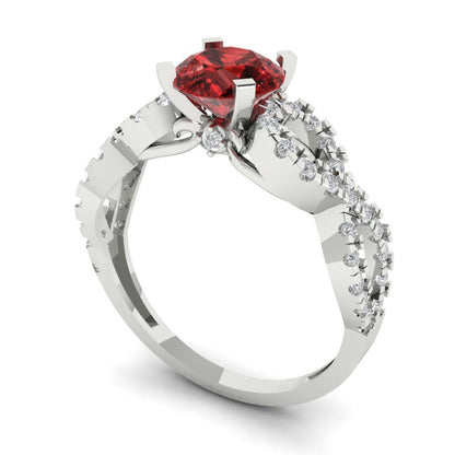 1.42 cttw Natural Garnet Solitaire with Zirconia Simulated Diamond Accents Engagement Ring - Solid White Gold (VVS1, Round Cut,6.5mm)