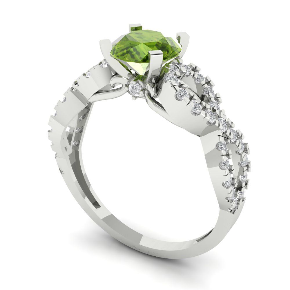 1.42 cttw Natural Peridot Solitaire with Zirconia Simulated Diamond Accents Engagement Ring - Solid White Gold (VVS1, Round Cut,6.5mm)