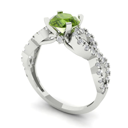 1.42 cttw Natural Peridot Solitaire with Zirconia Simulated Diamond Accents Engagement Ring - Solid White Gold (VVS1, Round Cut,6.5mm)