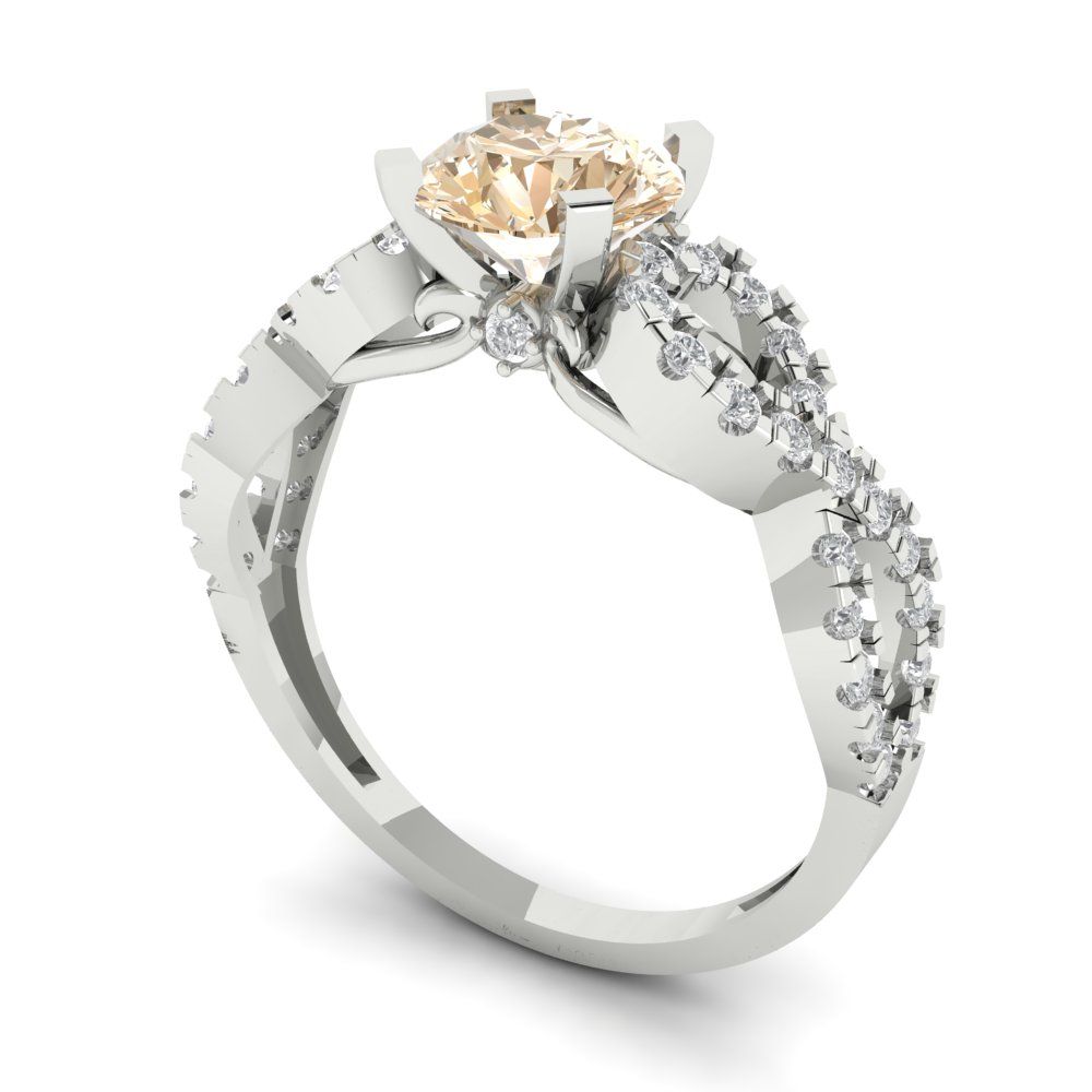 1.42 cttw Natural Morganite Solitaire with Zirconia Simulated Diamond Accents Engagement Ring - Solid White Gold (VVS1, Round Cut,6.5mm)