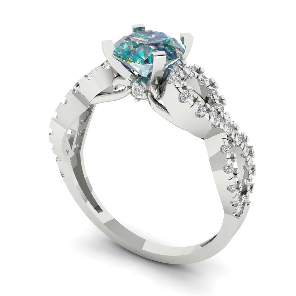 1.42 cttw Blue Moissanite Solitaire with Zirconia Simulated Diamond Accents Engagement Ring - Solid White Gold (VVS1, Round Cut,6.5mm)