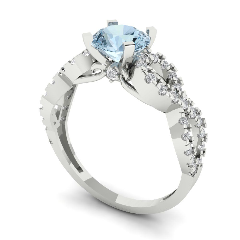 1.42 cttw Natural Aquamarine Solitaire with Zirconia Simulated Diamond Accents Engagement Ring - Solid White Gold (VVS1, Round Cut,6.5mm)