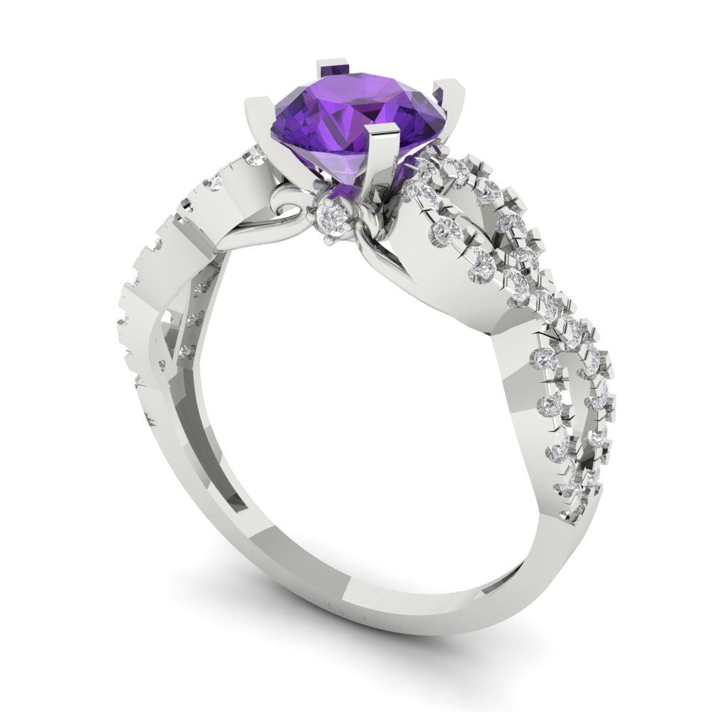 1.42 cttw Natural Amethyst Solitaire with Zirconia Simulated Diamond Accents Engagement Ring - Solid White Gold (VVS1, Round Cut,6.5mm)