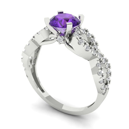 1.42 cttw Natural Amethyst Solitaire with Zirconia Simulated Diamond Accents Engagement Ring - Solid White Gold (VVS1, Round Cut,6.5mm)