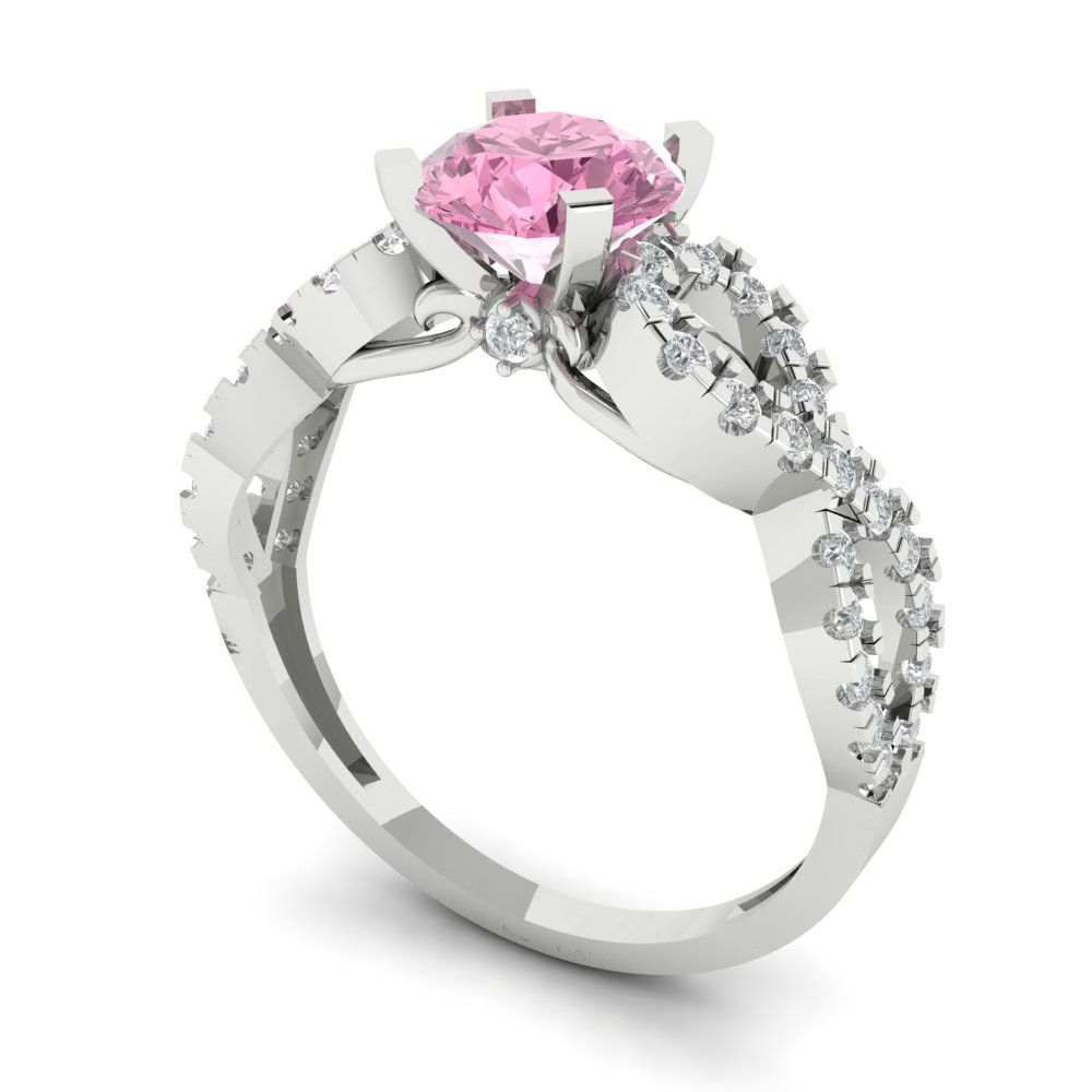 1.42 cttw Zirconia Simulated Pink Diamond Solitaire with Zirconia Simulated Diamond Accents Engagement Ring - Solid White Gold (VVS1, Round Cut,6.5mm)