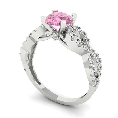 1.42 cttw Zirconia Simulated Pink Diamond Solitaire with Zirconia Simulated Diamond Accents Engagement Ring - Solid White Gold (VVS1, Round Cut,6.5mm)