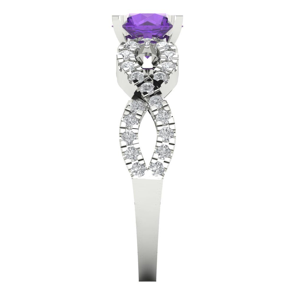 1.42 cttw Natural Amethyst Solitaire with Zirconia Simulated Diamond Accents Engagement Ring - Solid White Gold (VVS1, Round Cut,6.5mm)
