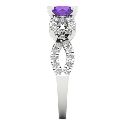 1.42 cttw Natural Amethyst Solitaire with Zirconia Simulated Diamond Accents Engagement Ring - Solid White Gold (VVS1, Round Cut,6.5mm)