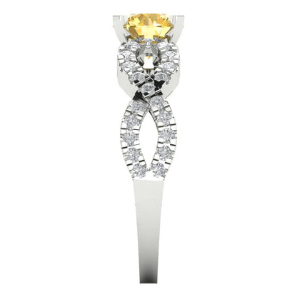 1.42 cttw Natural Citrine Solitaire with Zirconia Simulated Diamond Accents Engagement Ring - Solid White Gold (VVS1, Round Cut,6.5mm)