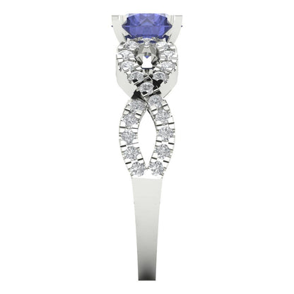 1.42 cttw Simulated Tanzanite Solitaire with Zirconia Simulated Diamond Accents Engagement Ring - Solid White Gold (VVS1, Round Cut,6.5mm)