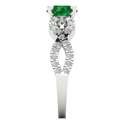 1.42 cttw Simulated Emerald Solitaire with Zirconia Simulated Diamond Accents Engagement Ring - Solid White Gold (VVS1, Round Cut,6.5mm)