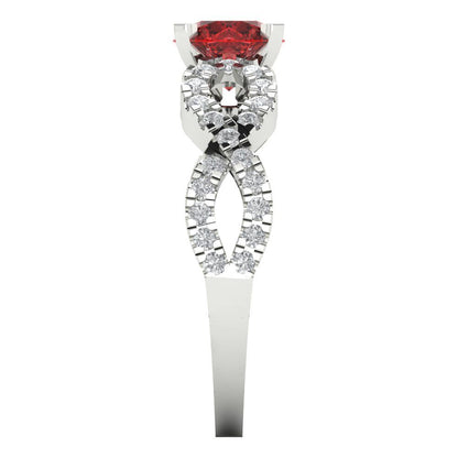 1.42 cttw Natural Garnet Solitaire with Zirconia Simulated Diamond Accents Engagement Ring - Solid White Gold (VVS1, Round Cut,6.5mm)