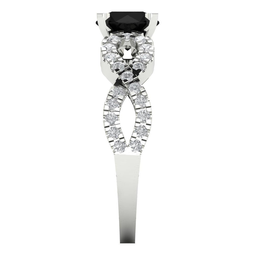 1.42 cttw Natural Onyx Solitaire with Zirconia Simulated Diamond Accents Engagement Ring - Solid White Gold (VVS1, Round Cut,6.5mm)