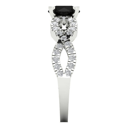 1.42 cttw Natural Onyx Solitaire with Zirconia Simulated Diamond Accents Engagement Ring - Solid White Gold (VVS1, Round Cut,6.5mm)