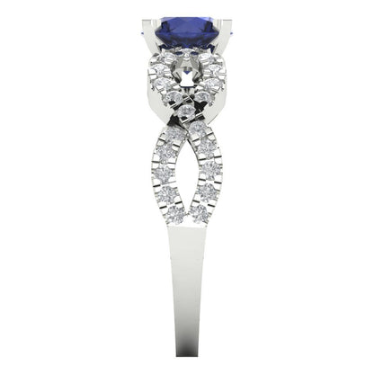 1.42 cttw Simulated Blue Sapphire Solitaire with Zirconia Simulated Diamond Accents Engagement Ring - Solid White Gold (VVS1, Round Cut,6.5mm)