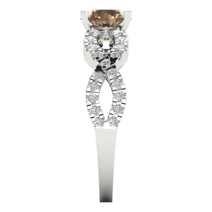 1.42 cttw Zirconia Simulated Champagne Diamond Solitaire with Zirconia Simulated Diamond Accents Engagement Ring - Solid White Gold (VVS1, Round Cut,6.5mm)