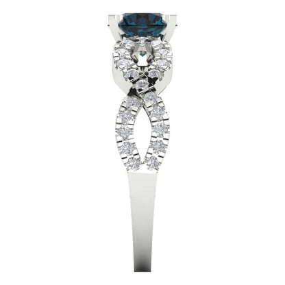 1.42 cttw Natural London Blue Topaz Solitaire with Zirconia Simulated Diamond Accents Engagement Ring - Solid White Gold (VVS1, Round Cut,6.5mm)