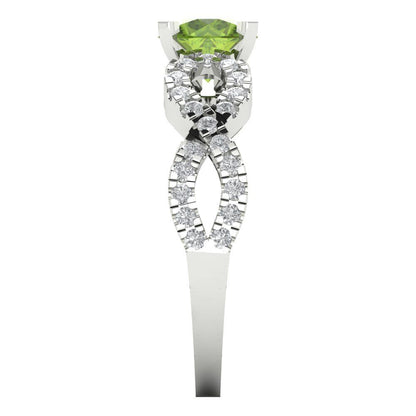 1.42 cttw Natural Peridot Solitaire with Zirconia Simulated Diamond Accents Engagement Ring - Solid White Gold (VVS1, Round Cut,6.5mm)