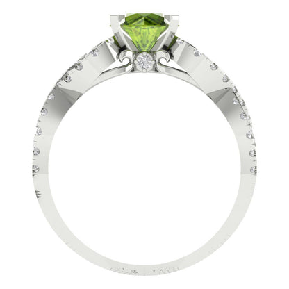 1.42 cttw Natural Peridot Solitaire with Zirconia Simulated Diamond Accents Engagement Ring - Solid White Gold (VVS1, Round Cut,6.5mm)