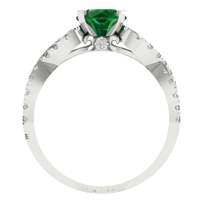 1.42 cttw Simulated Emerald Solitaire with Zirconia Simulated Diamond Accents Engagement Ring - Solid White Gold (VVS1, Round Cut,6.5mm)